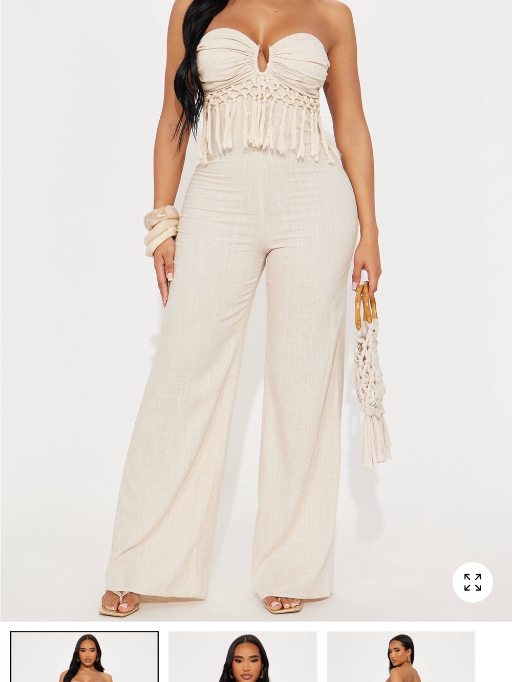 Fashion Nova Cream Strapless Fringe Wide-Leg Jumpsuit